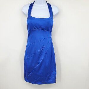 Vintage Cache Vibrant Blue Satin Look Y2K Halter Neck Bodycon Dress Size 4